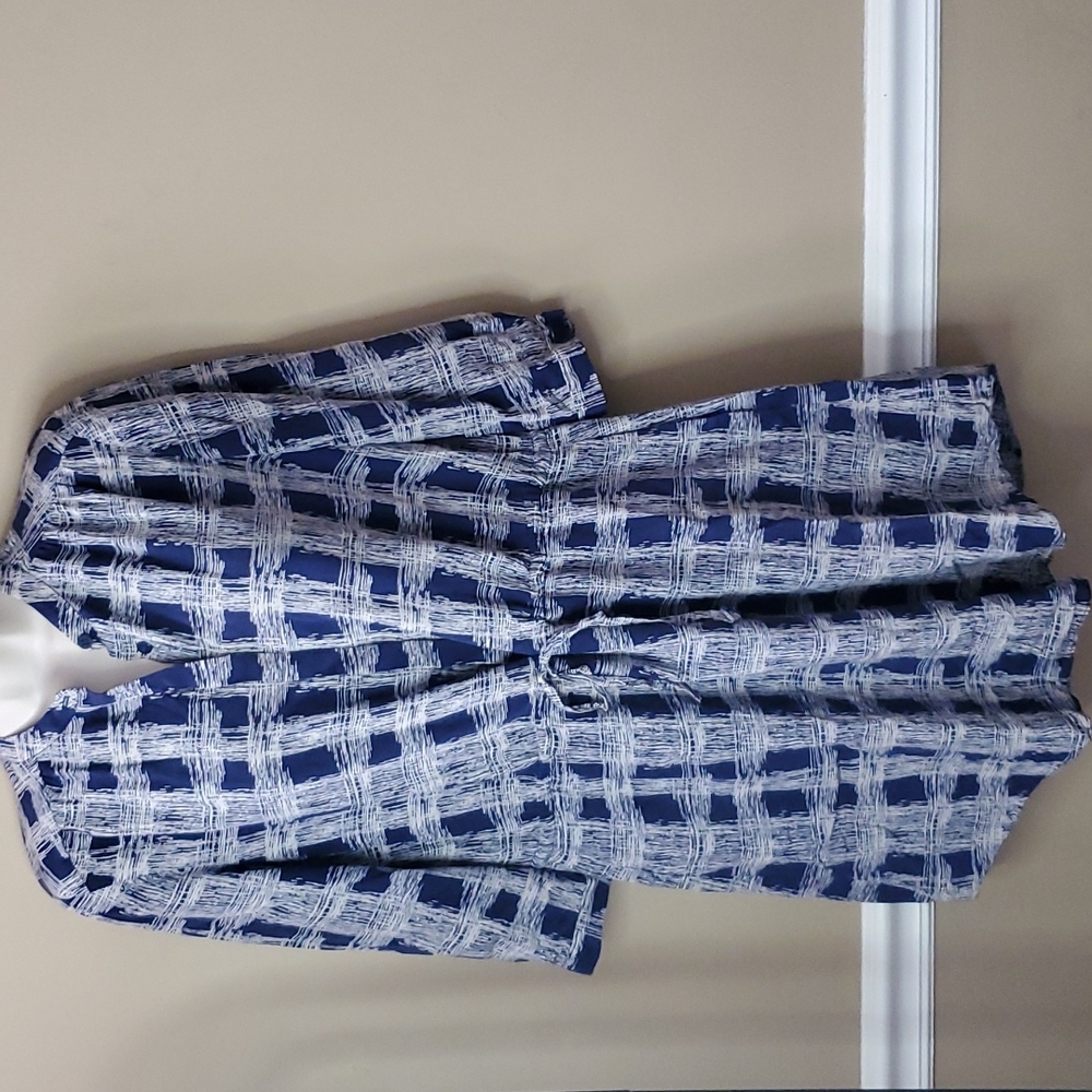 Fossil Blue Print Silk Lined Drawstring Waist Dress Size S
